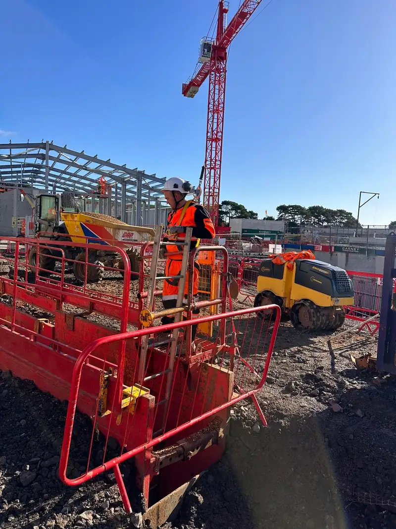 Deep drainage excavation with trench support and a crane at Alderney Water Treatment Works